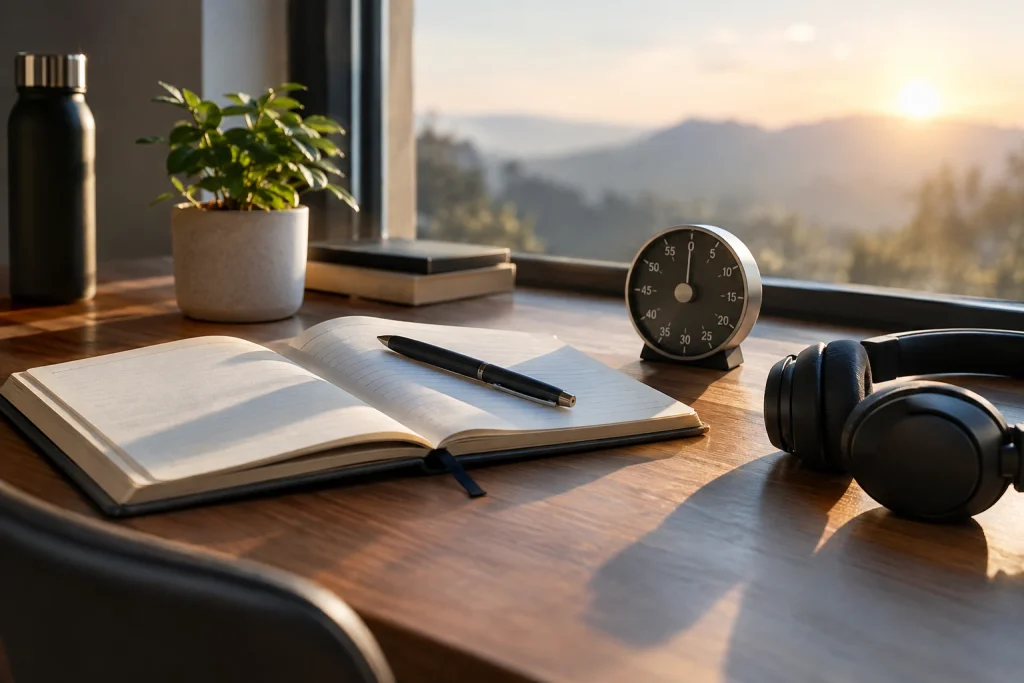 Minimalist wooden desk with an open journal, pen, timer, headphones, books, and a small plant in warm morning sunlight, symbolizing focused mental training and mindful practice.