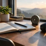 Minimalist wooden desk with an open journal, pen, timer, headphones, books, and a small plant in warm morning sunlight, symbolizing focused mental training and mindful practice.