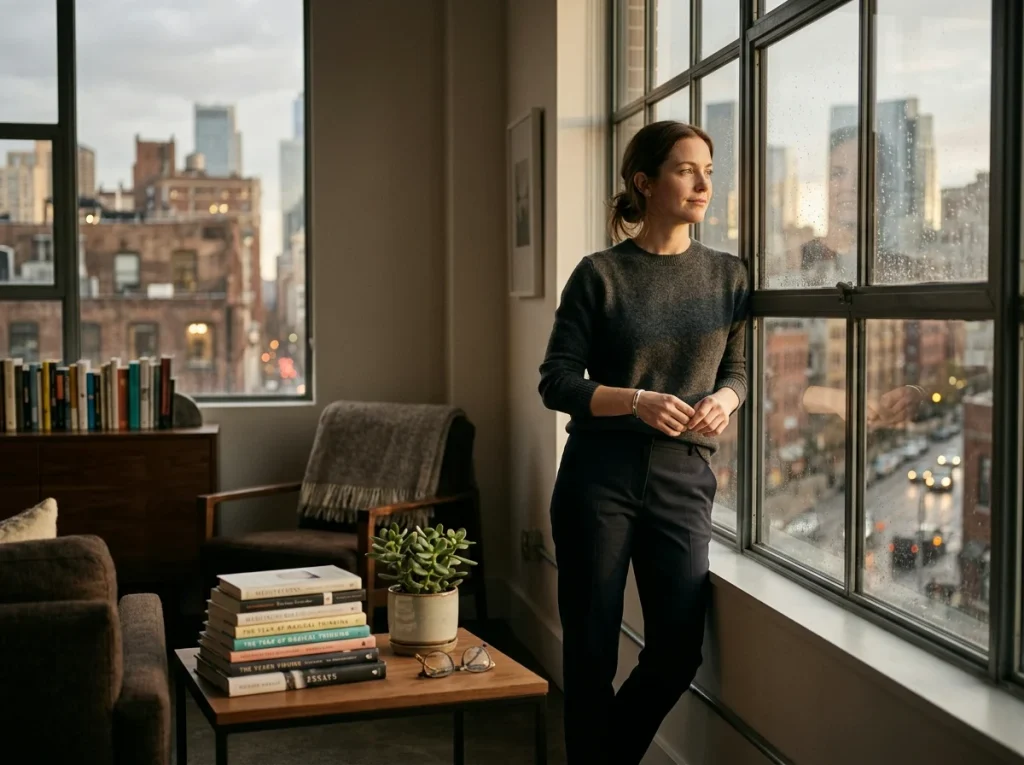 A medium shot captures a woman standing by a large, grid-patterned window, looking calmly out at a city skyline at dusk.