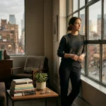 A medium shot captures a woman standing by a large, grid-patterned window, looking calmly out at a city skyline at dusk.