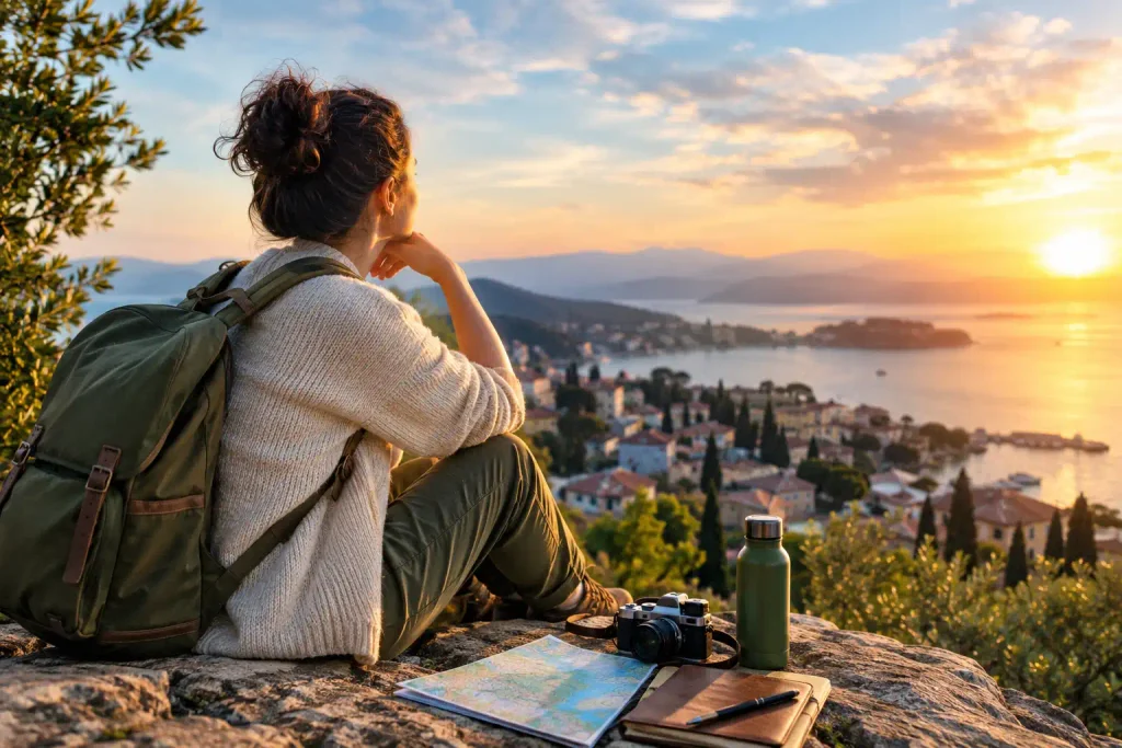 Thoughtful traveler overlooking a coastal village while reflecting on how travel can transform the mind and perspective
