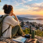 Thoughtful traveler overlooking a coastal village while reflecting on how travel can transform the mind and perspective