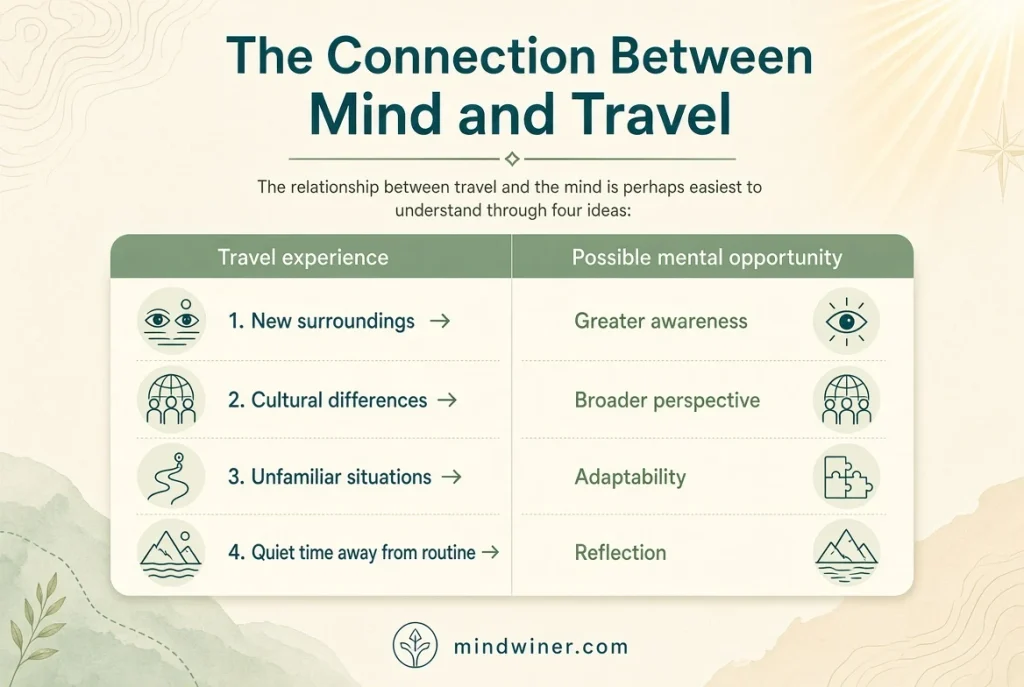 Infographic titled “The Connection Between Mind and Travel” on a soft cream background with subtle topographic map lines and sun rays.