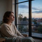 Person sitting quietly by a window at dusk reflecting on anxious thoughts, for why do I feel anxious for no reason.