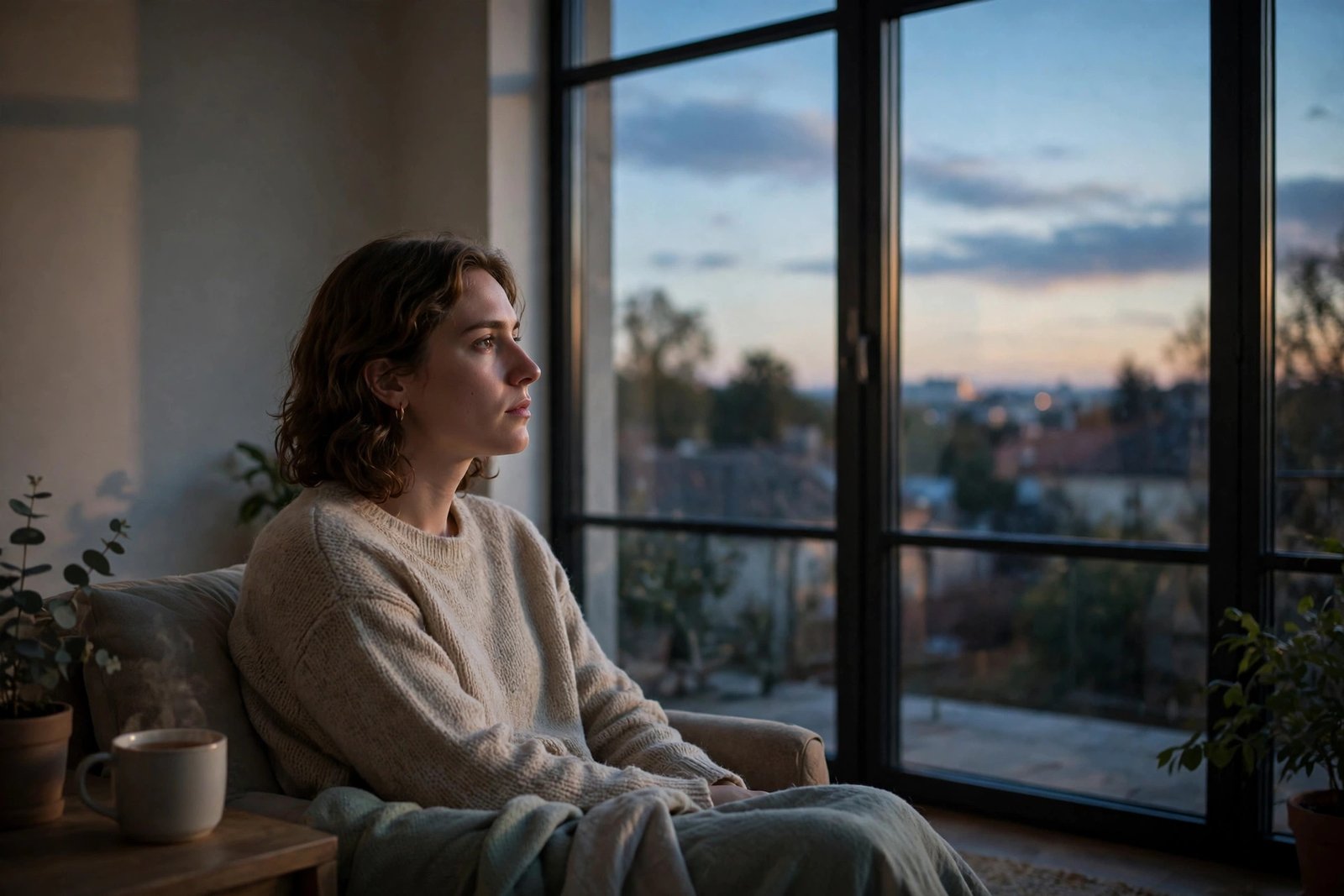 Person sitting quietly by a window at dusk reflecting on anxious thoughts, for why do I feel anxious for no reason.