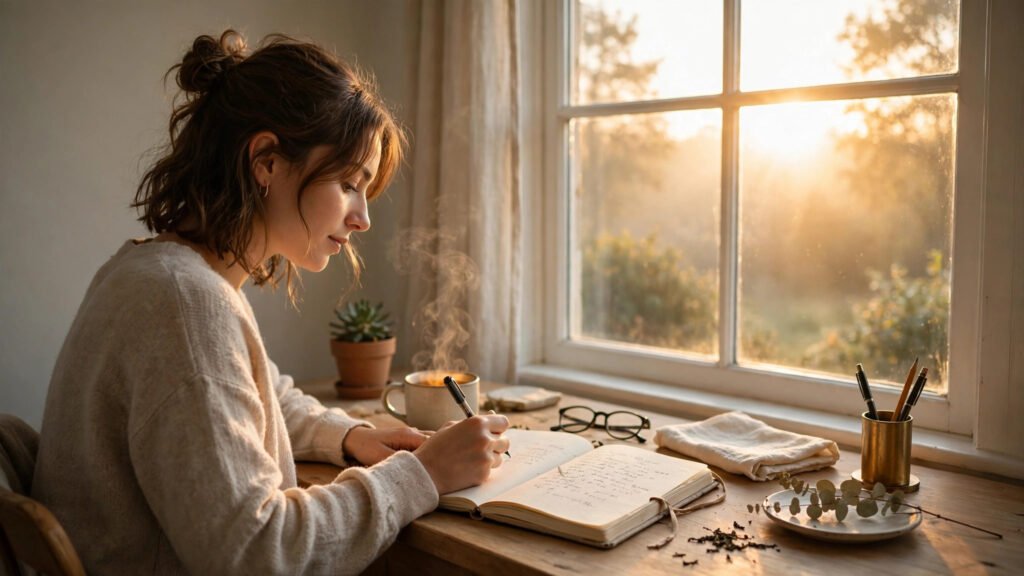 Calm focused person writing in a journal at a tidy desk by a bright sunrise window with a cup of tea, for morning routine for a strong mind