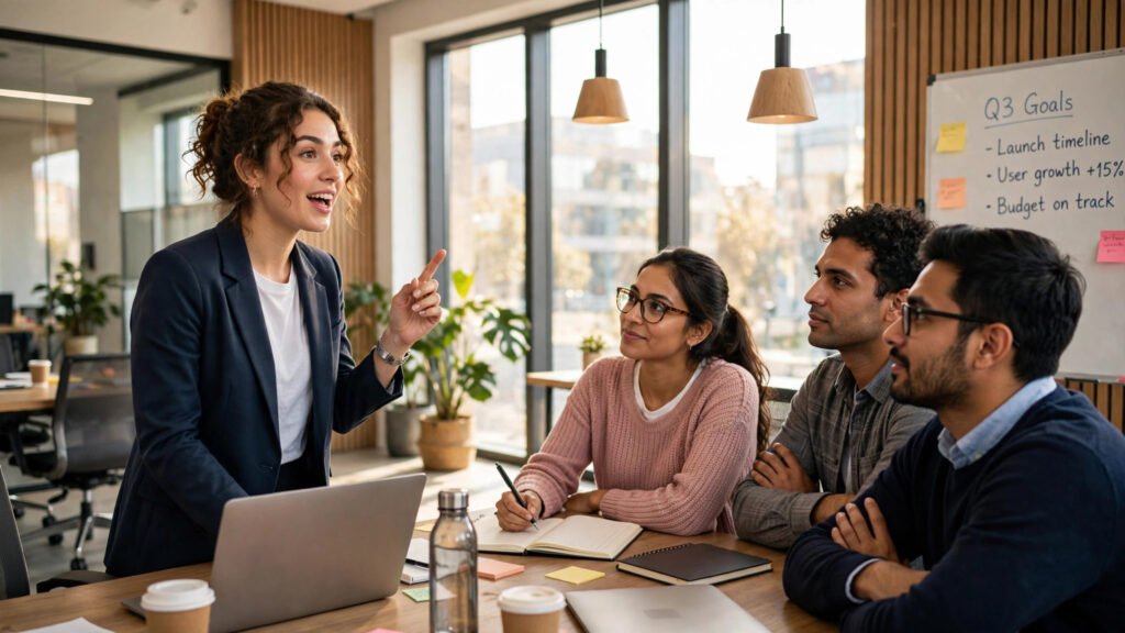 Confident young professional speaking up in a bright modern meeting room with colleagues listening, for social anxiety at work