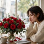 Thoughtful young woman weighing romance against caution beside a bouquet of roses in a cafe, for love bombing vs genuine affection
