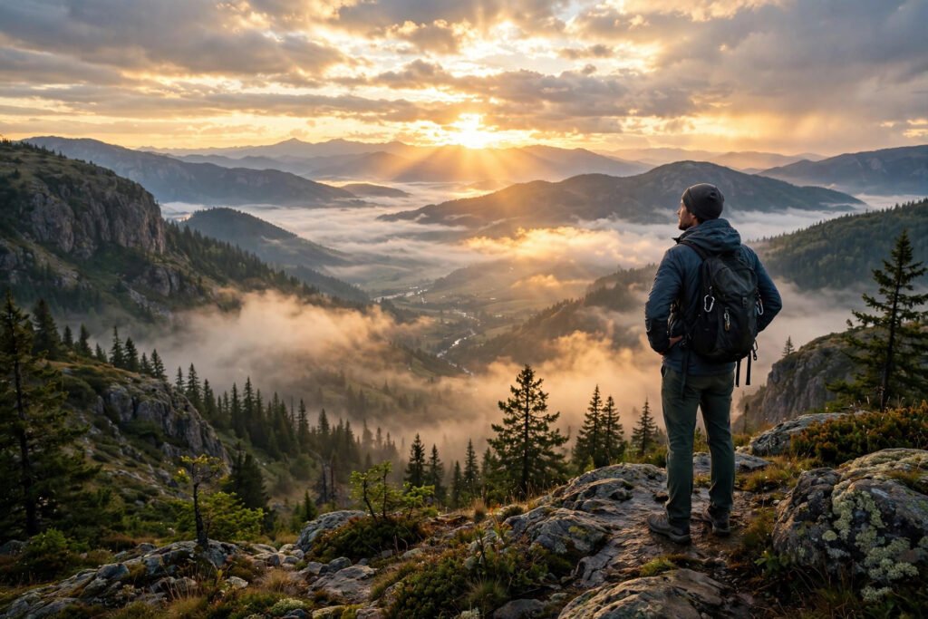 Determined person standing at sunrise above a misty mountain valley after a storm, for mental resilience quotes