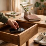 Person putting a smartphone face-down in a drawer while a journal and running shoes wait nearby, symbolizing a fresh start from bad habits