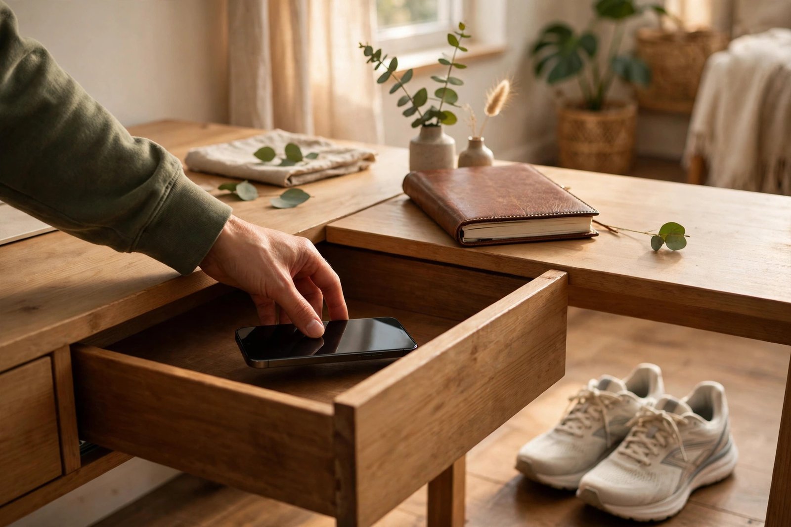 Person putting a smartphone face-down in a drawer while a journal and running shoes wait nearby, symbolizing a fresh start from bad habits