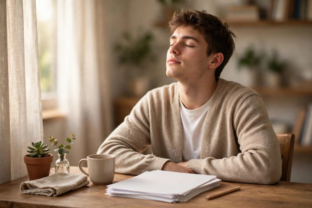 Calm student taking a slow deep breath with eyes closed at a tidy desk with exam papers in soft morning light, for test anxiety