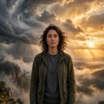 Steadfast person standing calmly amid swirling storm clouds breaking into golden dawn light, for traits of mentally strong people