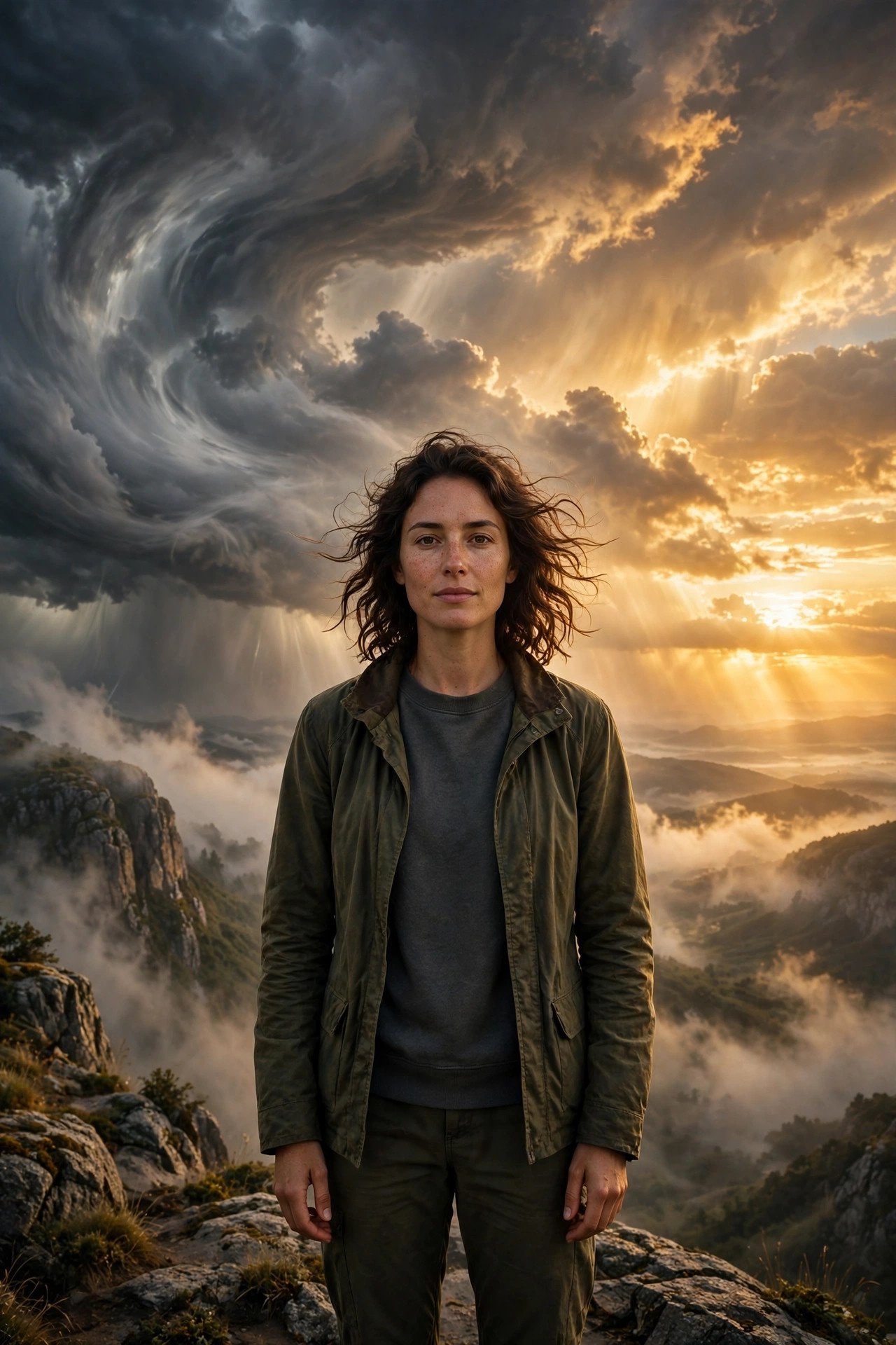 Steadfast person standing calmly amid swirling storm clouds breaking into golden dawn light, for traits of mentally strong people
