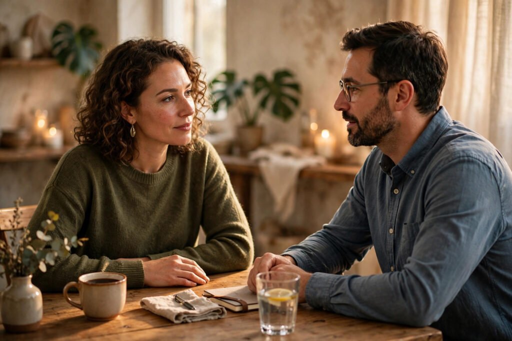 Two people having a calm honest conversation across a wooden table in warm soft light, for how to control your emotions in difficult conversations