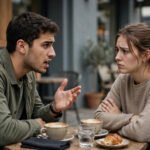 Two friends talking at a cafe table with one looking uncertain while the other speaks intensely, for how to spot gaslighting in friendships