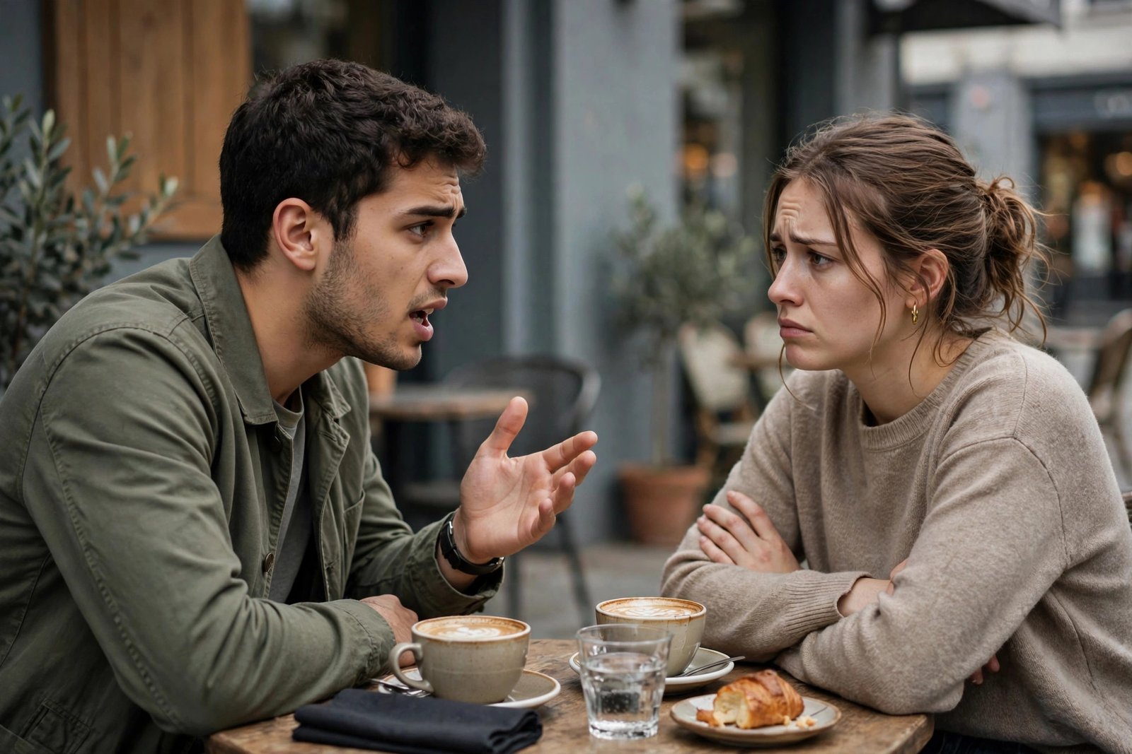 Two friends talking at a cafe table with one looking uncertain while the other speaks intensely, for how to spot gaslighting in friendships