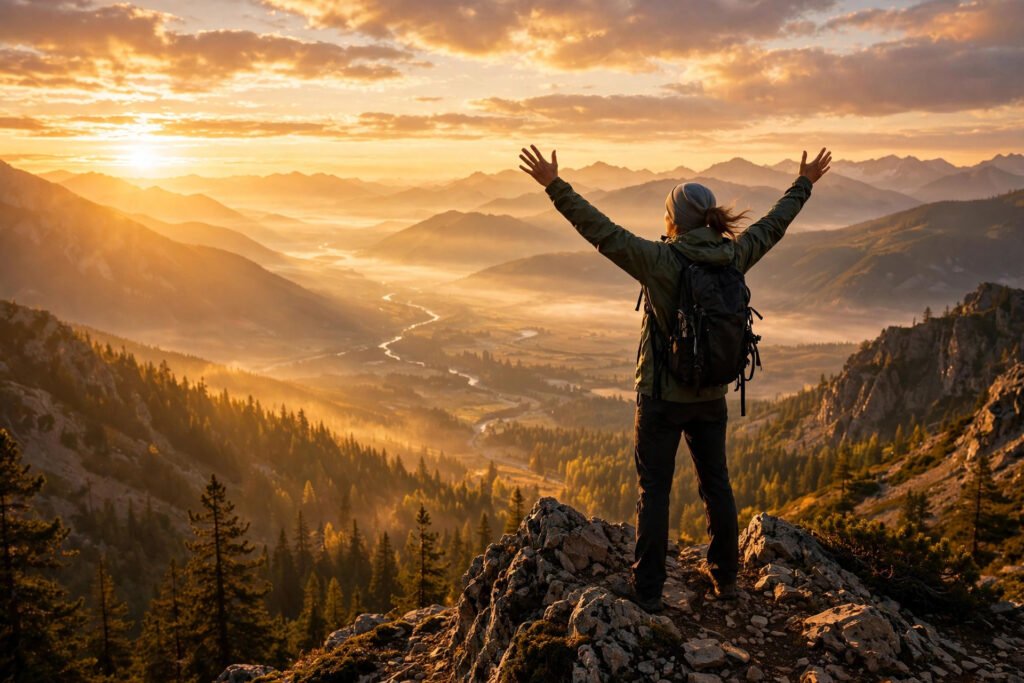 Determined person standing on a mountain peak at sunrise with arms raised, for motivational quotes for success