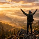 Determined person standing on a mountain peak at sunrise with arms raised, for motivational quotes for success