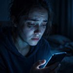 Person in a dark room late at night holding a glowing smartphone, for does social media make anxiety worse