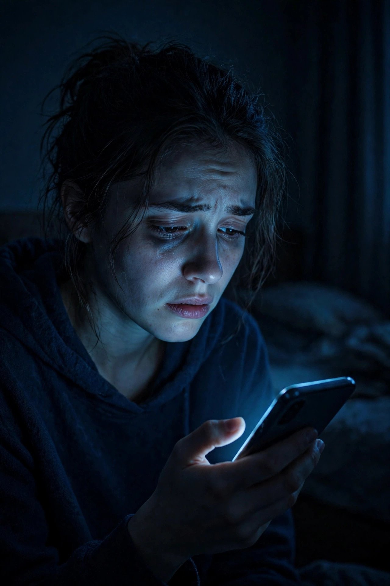 Person in a dark room late at night holding a glowing smartphone, for does social media make anxiety worse