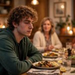 Young adult sitting at a family dinner table during a tense conversation, for how to deal with family pressure