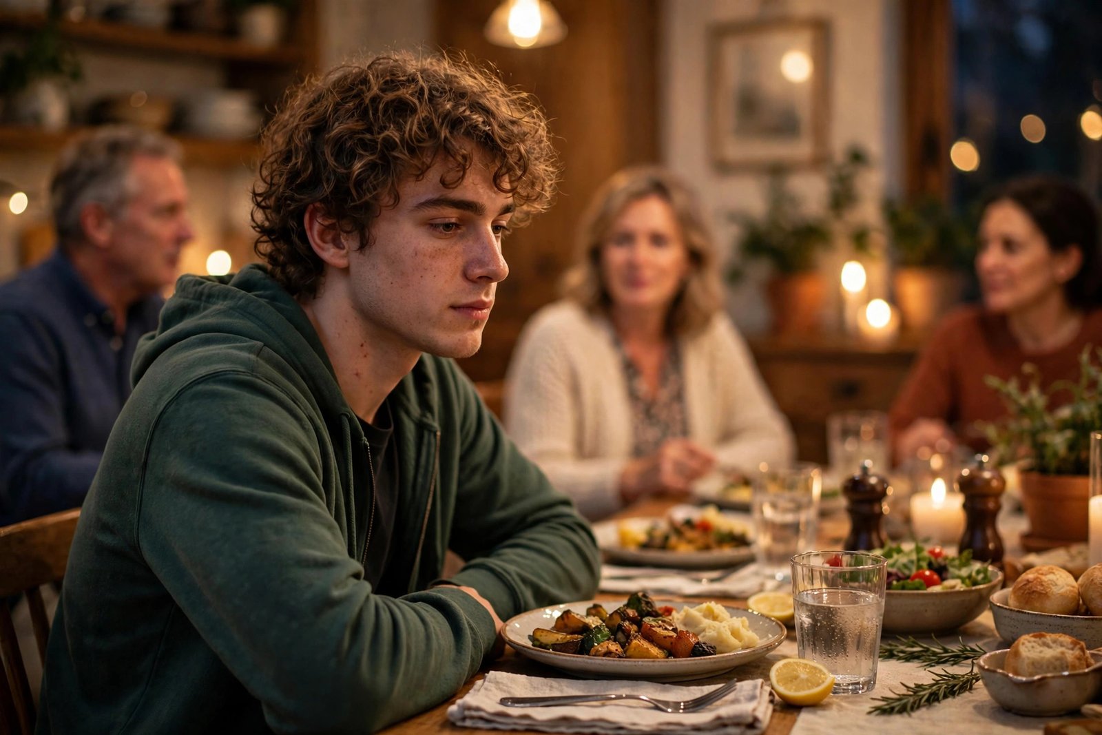 Young adult sitting at a family dinner table during a tense conversation, for how to deal with family pressure