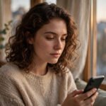 Young woman sitting by a window in soft evening light looking thoughtfully at her phone, for why do I compare myself to others