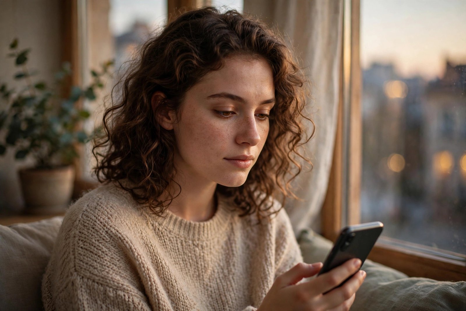 Young woman sitting by a window in soft evening light looking thoughtfully at her phone, for why do I compare myself to others