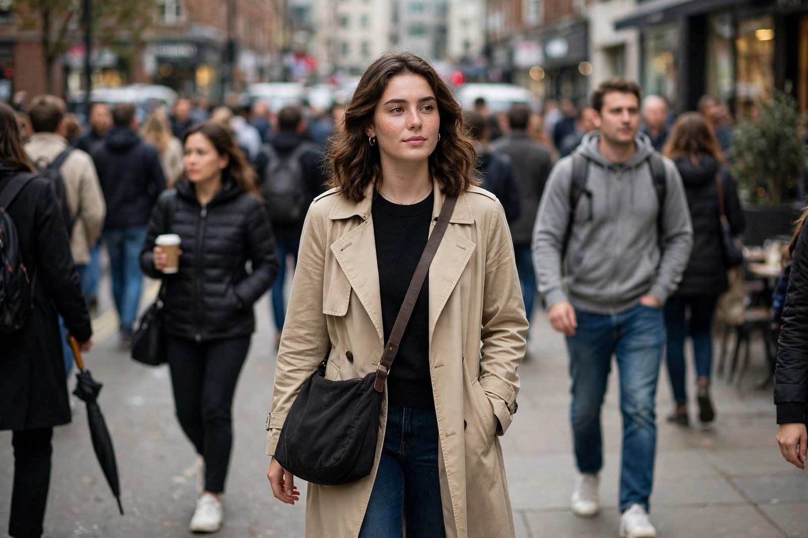 Confident young woman walking through a busy city street, calm and unbothered by the crowd, for how to stop caring what people think