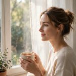 Woman holding a warm cup of tea by a bright window in soft morning light, for self-love quotes for hard days