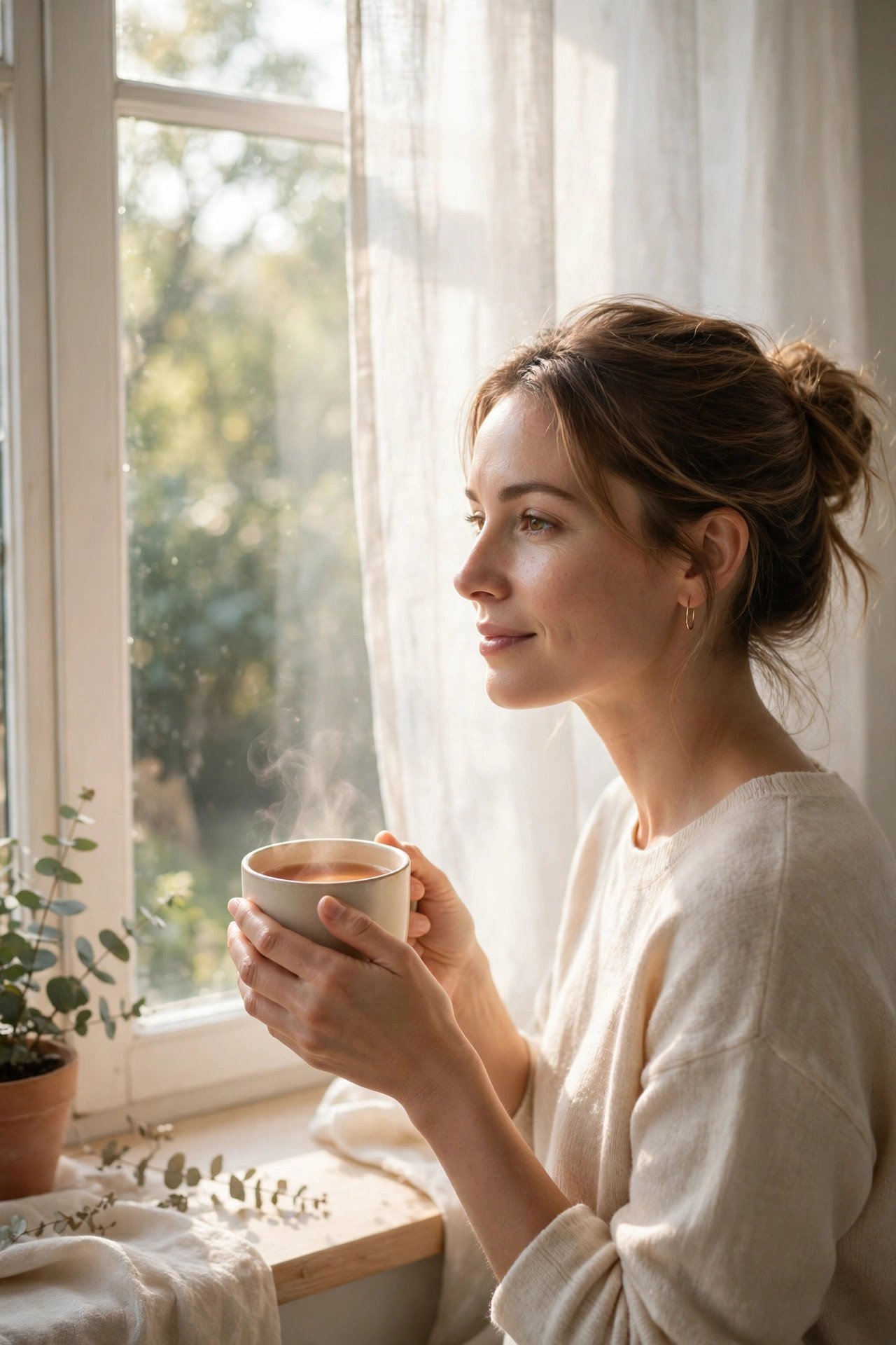 Woman holding a warm cup of tea by a bright window in soft morning light, for self-love quotes for hard days