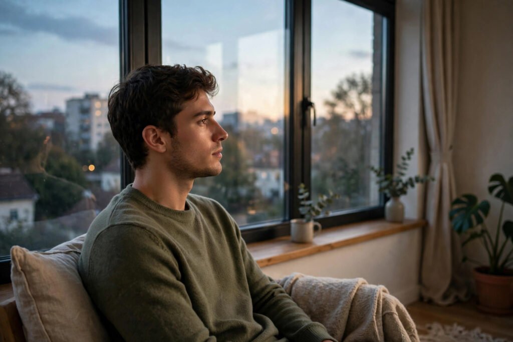 Person sitting quietly by a window in soft evening light looking thoughtfully outside, for why do I feel sad all of a sudden