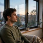 Person sitting quietly by a window in soft evening light looking thoughtfully outside, for why do I feel sad all of a sudden