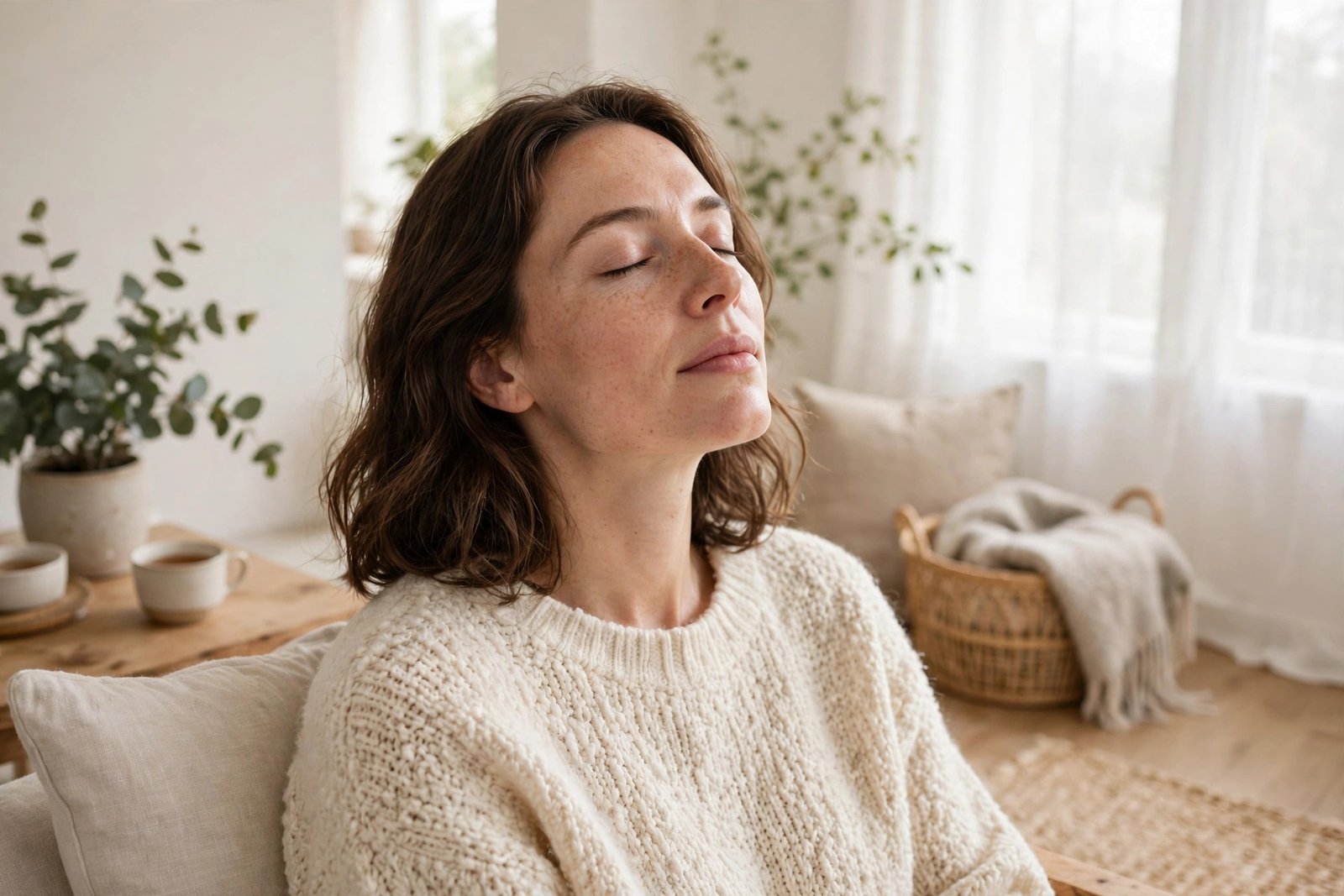 Calm person taking a slow deep breath with eyes closed in a bright peaceful room, for how to stay calm under pressure