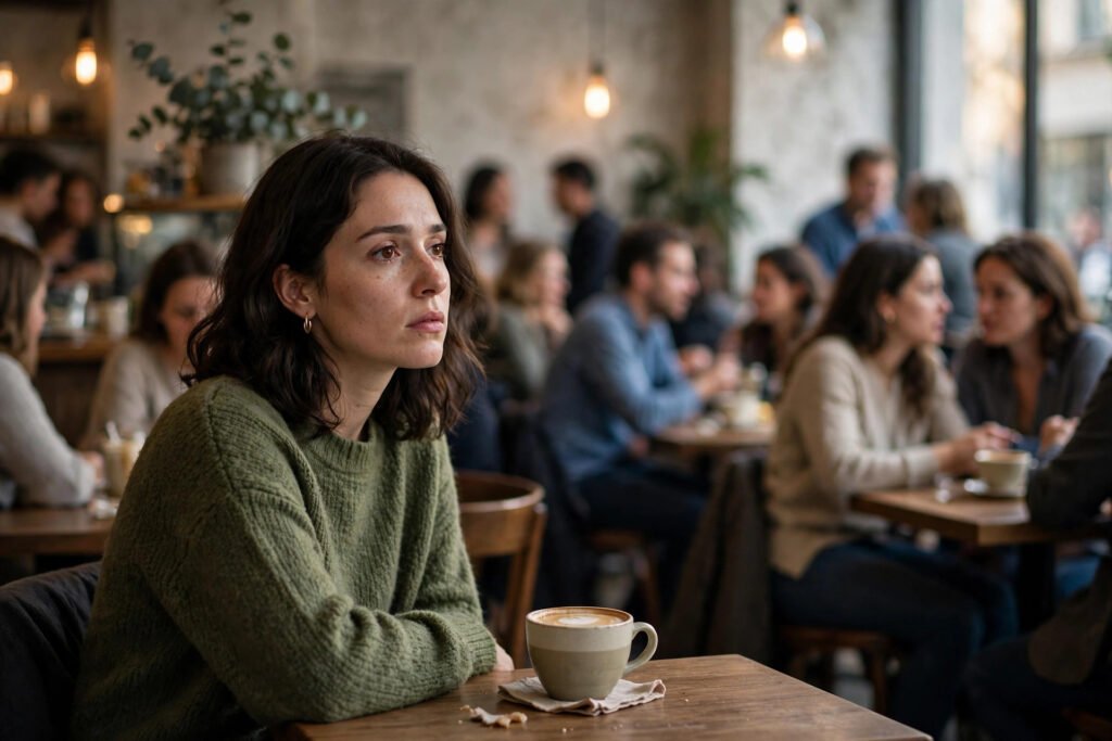 Person sitting alone at a table in a busy cafe feeling lonely despite being surrounded by people, for why do I feel lonely even when I'm with people