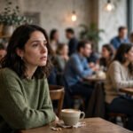 Person sitting alone at a table in a busy cafe feeling lonely despite being surrounded by people, for why do I feel lonely even when I'm with people
