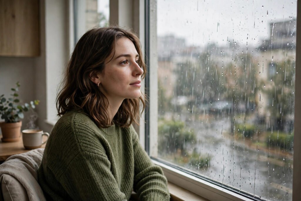 Person sitting calmly by a window watching rain fall outside, for how to stop worrying about the future