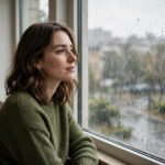 Person sitting calmly by a window watching rain fall outside, for how to stop worrying about the future