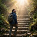 Person climbing stone steps toward bright morning light, for inspirational quotes about never giving up
