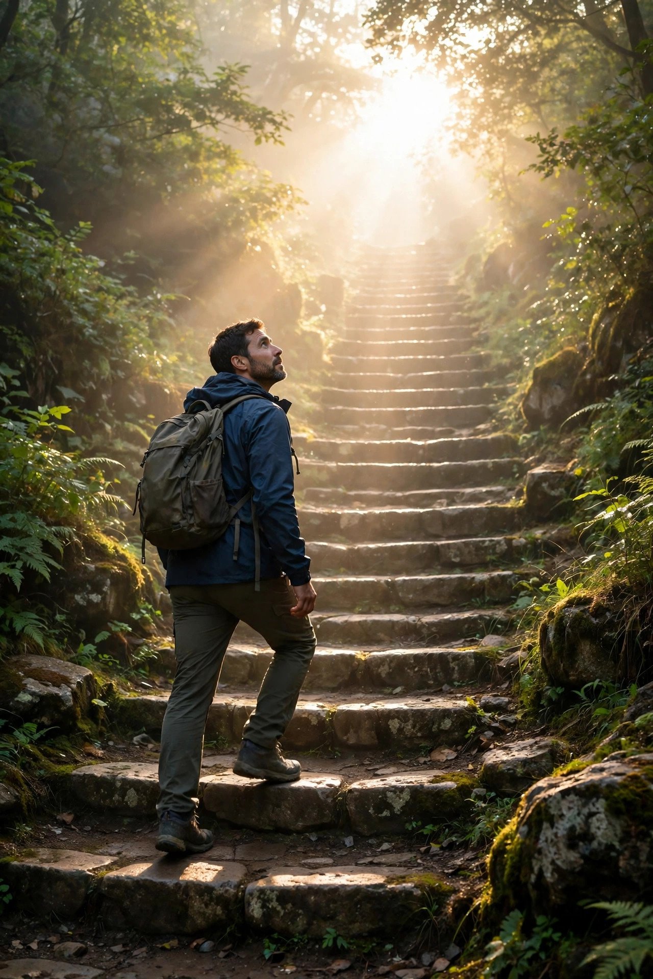 Person climbing stone steps toward bright morning light, for inspirational quotes about never giving up