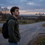 Young adult standing at a crossroads at dusk looking toward a distant city skyline, for the pressure to have it all figured out by 30