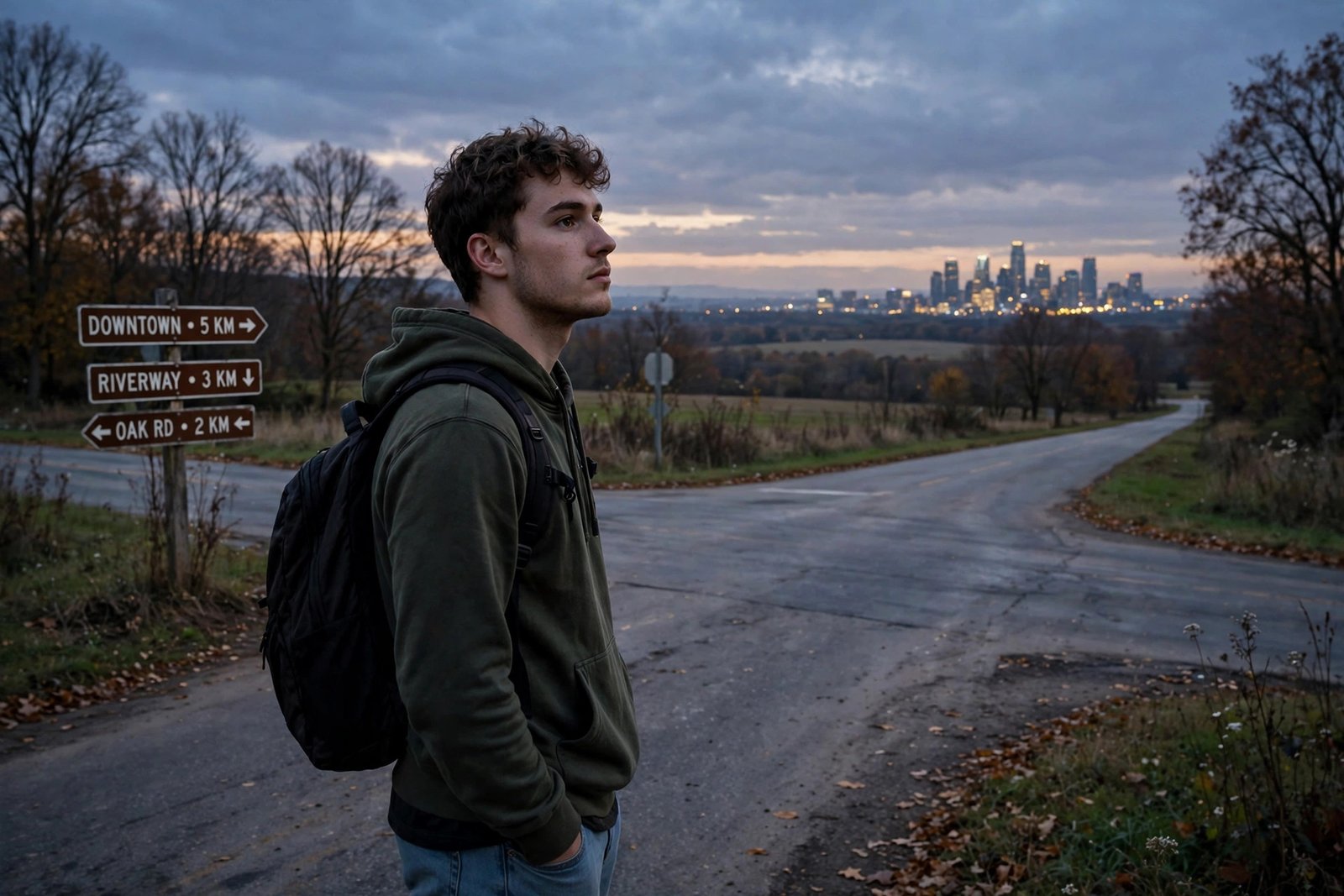Young adult standing at a crossroads at dusk looking toward a distant city skyline, for the pressure to have it all figured out by 30