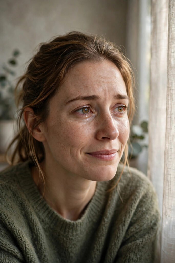 Person forcing a polite smile while holding back sadness in soft window light, for what is toxic positivity