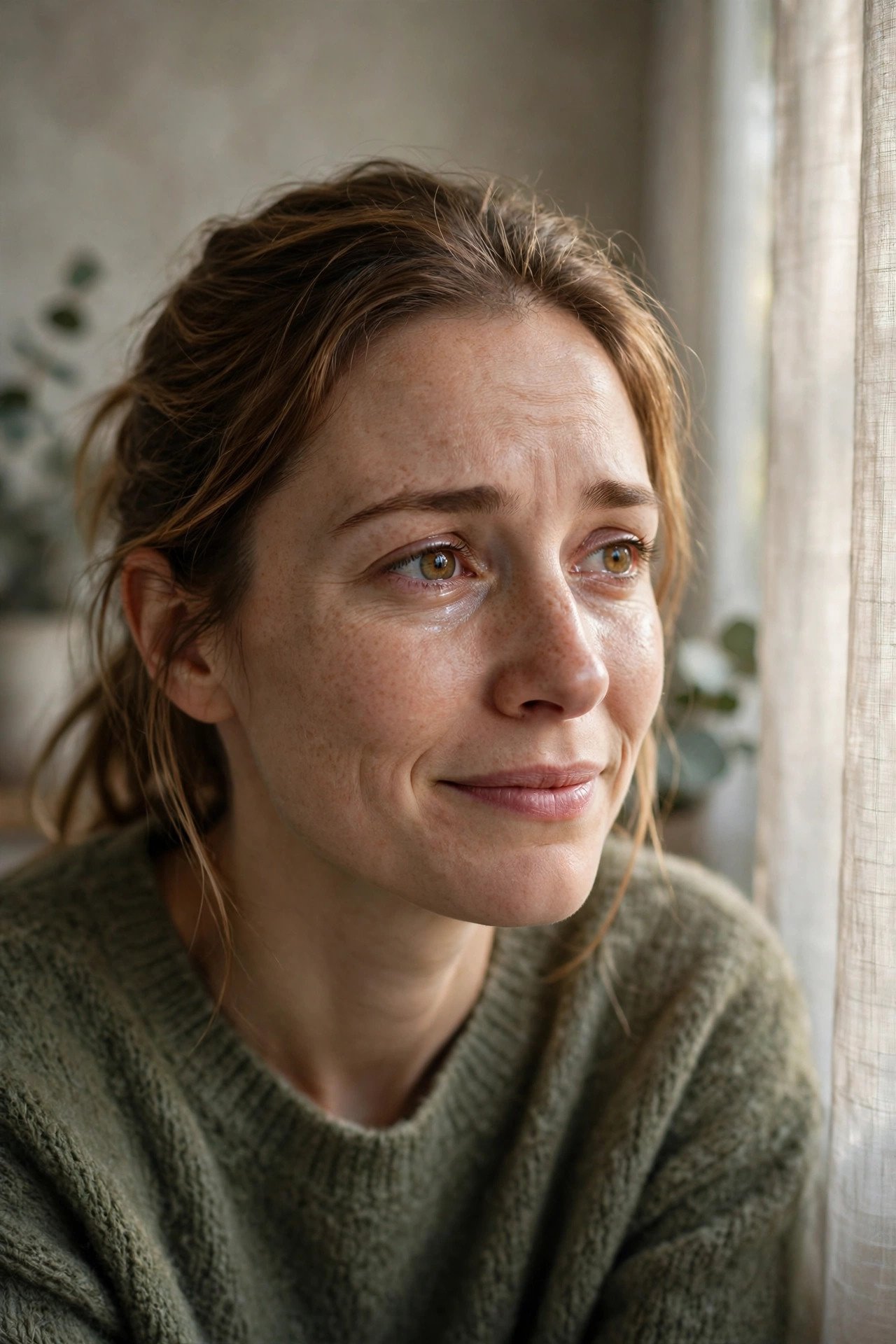 Person forcing a polite smile while holding back sadness in soft window light, for what is toxic positivity