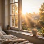 Bright sunrise light through a bedroom window with a cup of tea on the sill, for good morning quotes for a positive mindset