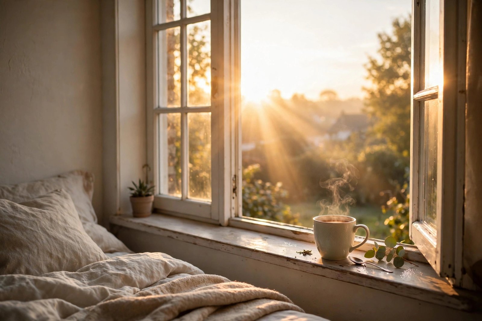 Bright sunrise light through a bedroom window with a cup of tea on the sill, for good morning quotes for a positive mindset