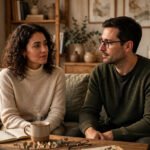 Couple sitting together in calm conversation at home in warm light, for how to deal with difficult in-laws