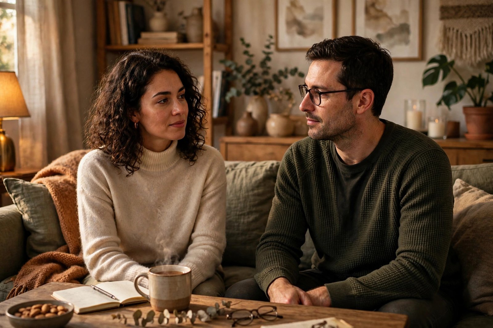 Couple sitting together in calm conversation at home in warm light, for how to deal with difficult in-laws