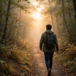 Person walking forward on a quiet path toward soft morning light, for how to let go of past mistakes